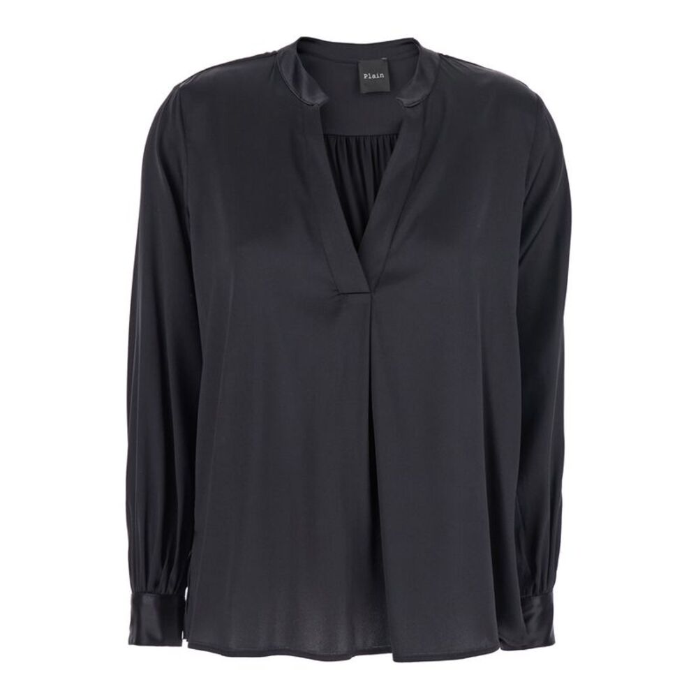 Plain Women Black Blouse With V Neck And Buttoned Cuffs In Silk Woman